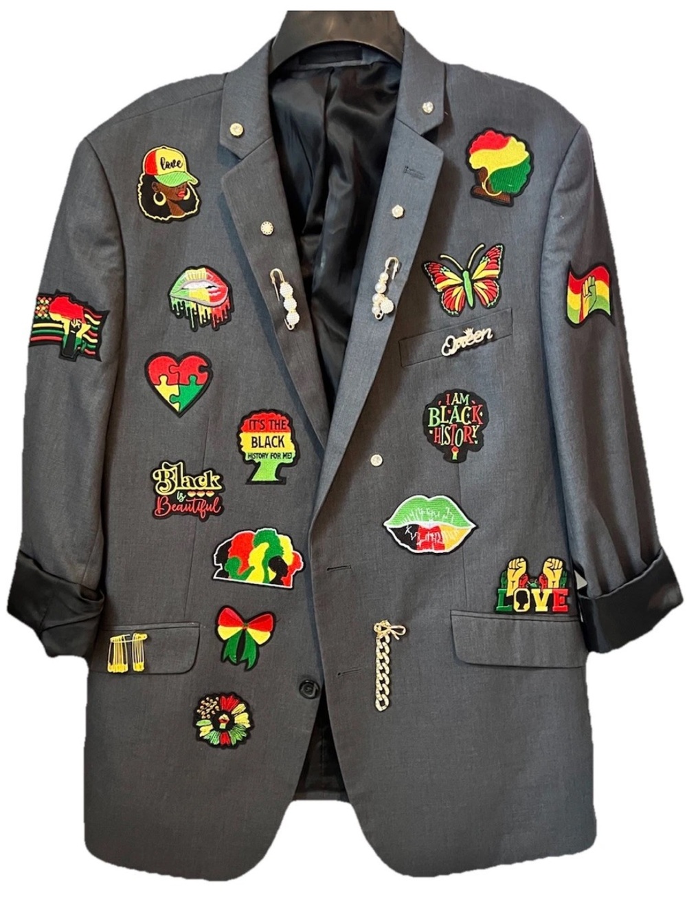 Kenneth Cole Gray Blazer with Colorful Juneteenth Patchwork